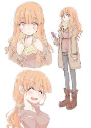 Rule 34 | 1girl, aged up, alternate hairstyle, black pants, blunt bangs, blush, bob (you-u-kai), boots, brown coat, brown footwear, brown shirt, casual, cellphone, closed eyes, closed mouth, coat, commentary, cropped torso, frown, girls und panzer, hair ornament, hair scrunchie, holding, holding phone, long hair, long sleeves, looking at viewer, motion lines, multiple views, open clothes, open coat, orange eyes, orange hair, pants, phone, ponytail, scarf, scrunchie, shirt, simple background, sketch, smartphone, smile, standing, takebe saori, white background, yellow scarf, yellow scrunchie