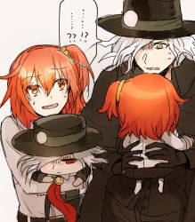 Rule 34 | !?, 2boys, 2girls, ?, ??, blush, carrying, chibi, cloak, edmond dantes (fate), edmond dantes (first ascension) (fate), fate/grand order, fate (series), fedora, fujimaru ritsuka (female), grey background, hair ornament, hair scrunchie, hat, looking at another, multiple boys, multiple girls, orange eyes, orange hair, red eyes, scrunchie, shaded face, side ponytail, simple background, sweat, sweatdrop, upper body, uraha, wavy hair, yellow eyes