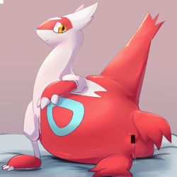 Rule 34 | 1girl, anus, arm support, bar censor, bed sheet, censored, claws, creatures (company), d5ma, dragon, game freak, gen 3 pokemon, grey background, hand on own chest, highres, latias, legendary pokemon, lying, nintendo, no humans, on side, pokemon, pokemon (creature), pokemon rse, presenting, pussy, pussy juice, simple background, solo, wings, yellow eyes