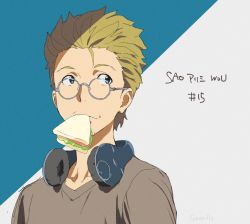 Rule 34 | 1boy, blonde hair, blue eyes, brown shirt, commentary request, eating, food, food in mouth, headphones, headphones around neck, higa takeru, looking to the side, male focus, sandwich, shirt, solo, sword art online, sword art online: alicization, sword art online: alicization - war of underworld, tokira nozumi, translation request, upper body