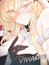 Rule 34 | 1girl, absurdres, arknights, blonde hair, blue eyes, breasts, character name, cleavage, commentary, commentary request, elsi, english commentary, hair between eyes, hand on own chest, highres, korean commentary, large breasts, long hair, looking at viewer, mixed-language commentary, smile, solo, viviana (arknights)