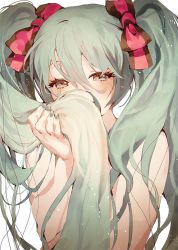 Rule 34 | 1girl, alternate color, alternate eye color, arm at side, bare arms, black ribbon, blue hair, blue nails, brown eyes, covering own mouth, covering privates, eyelashes, fajyobore, fingernails, hair between eyes, hair ribbon, hand in own hair, hatsune miku, long hair, looking at viewer, nail polish, pink ribbon, ribbon, simple background, solo, twintails, two-tone ribbon, very long hair, vocaloid, white background