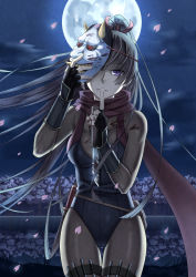 Rule 34 | 1girl, black hair, blood, blood on clothes, bodysuit, cherry blossoms, cowboy shot, finger to mouth, fingerless gloves, full moon, gloves, highres, hoshiyoruno, knife, leotard, long hair, mask, moon, night, ninja, original, ponytail, pouch, purple eyes, red scarf, scarf, shushing, sky, solo, thigh gap, thigh strap, very long hair, wind