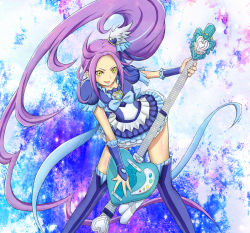 Rule 34 | 10s, 1girl, ahoge, bad hands, blue skirt, blue thighhighs, boots, boranchi, brooch, cure beat, dress, frills, gloves, guitar, hair ribbon, heart, instrument, jewelry, kurokawa eren, long hair, magical girl, precure, purple hair, ribbon, seiren (suite precure), side ponytail, skirt, smile, solo, suite precure, thigh boots, thighhighs, very long hair, yellow eyes