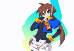 Rule 34 | 1girl, aile (mega man zx), black bodysuit, bodysuit, bottle, breasts, brown hair, covered navel, cropped jacket, drink, green eyes, holding, holding bottle, holding drink, jacket, kaidou zx, long hair, mega man (series), mega man zx, mega man zx advent, open clothes, open jacket, open mouth, ponytail, robot ears, shorts, simple background, small breasts, soda bottle, solo, white background, white shorts