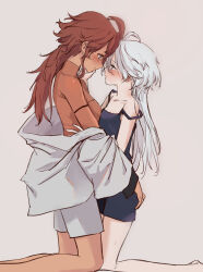 Rule 34 | 2girls, absurdres, ahoge, bare legs, collarbone, dark-skinned female, dark skin, eye contact, forehead-to-forehead, grey hair, gundam, gundam suisei no majo, hand on another&#039;s face, heads together, highres, imminent kiss, kisetsu, looking at another, miorine rembran, multiple girls, off shoulder, red hair, short shorts, shorts, strap slip, suletta mercury, thick eyebrows, yuri