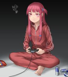 Rule 34 | 1girl, annoyed, barefoot, blunt bangs, can, full body, game console, half-closed eyes, indian style, kotonoha akane, kurione (zassou), long hair, long sleeves, one side up, pink eyes, pink hair, playing games, playstation 4, playstation controller, red bull, sitting, solo, track suit, v-shaped eyebrows, voiceroid