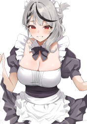 Rule 34 | 1girl, alternate costume, alternate hairstyle, apron, black bow, black bowtie, black dress, black hair, blush, bow, bowtie, braid, braided bangs, breasts, cleavage, commentary, detached collar, dress, enmaided, folded ponytail, frilled apron, frills, grey hair, hair between eyes, haro art, highres, hololive, large breasts, long hair, looking at viewer, maid, maid apron, maid headdress, multicolored hair, puffy short sleeves, puffy sleeves, red eyes, sakamata chloe, short sleeves, simple background, single braid, skirt hold, smile, solo, streaked hair, virtual youtuber, waist apron, white background, white headdress