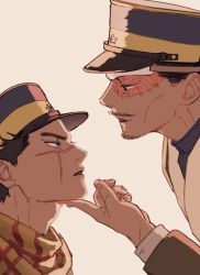 Rule 34 | 2boys, brown eyes, brown hair, collared jacket, expressionless, eye contact, face, facial scar, golden kamuy, hand on another&#039;s face, hat, highres, imperial japanese army, jacket, kepi, long sleeves, looking at another, male focus, military, military hat, military uniform, multiple boys, open mouth, scar, scar on cheek, scar on face, scar on mouth, scar on nose, short hair, simple background, spiked hair, sugimoto saichi, tonta (tonta1231), tsurumi tokushirou, uniform