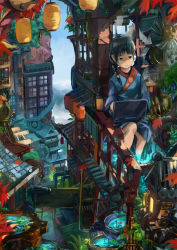 Rule 34 | 1girl, black hair, blue eyes, braid, building, cityscape, computer, dlkdhy, highres, lantern, laptop, leaf, mountain, original, short hair, sitting, solo, traditional clothes