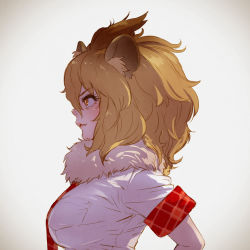 Rule 34 | 10s, 1girl, animal ear fluff, animal ears, blonde hair, fang, from side, fur collar, highres, kemono friends, lion (kemono friends), lion ears, md5 mismatch, necktie, plaid trim, profile, realistic, resolution mismatch, short hair, short sleeves, solo, source larger, takami masahiro, upper body, yellow eyes