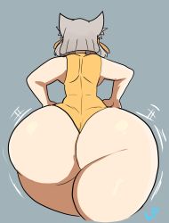 Rule 34 | 1girl, animal ears, ass, ass focus, bare shoulders, cat ears, cat girl, from behind, grey background, hands on own hips, highres, huge ass, jiggle, lemonadepikachu, leotard, motion lines, nia (xenoblade), short hair, silver hair, sleeveless, solo, thick thighs, thighs, wide hips, xenoblade chronicles (series), xenoblade chronicles 2