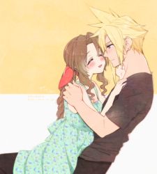 Rule 34 | 1boy, 1girl, aerith gainsborough, alternate costume, asymmetrical hair, black pants, blonde hair, blue eyes, blush, braid, braided ponytail, breasts, brown hair, cleavage, closed eyes, cloud strife, couple, dress, earrings, final fantasy, final fantasy vii, final fantasy vii remake, floral print, green dress, grey shirt, hair between eyes, hair ribbon, hand on another&#039;s chest, hand on another&#039;s face, hand on another&#039;s shoulder, jewelry, krudears, long hair, looking at another, medium breasts, open mouth, pants, parted bangs, ribbon, shirt, short hair, sidelocks, single earring, sleeveless, sleeveless dress, smile, spiked hair, square enix, sundress, t-shirt, two-tone background, upper body, wavy hair, white background, yellow background