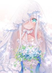 Rule 34 | 10s, 1girl, backlighting, bare shoulders, blue flower, blue rose, bouquet, breasts, bridal veil, bride, cleavage, collarbone, dress, flower, green eyes, hibiki (kancolle), kantai collection, long hair, looking at viewer, osamu (10051213), rose, silver hair, small breasts, solo, sparkle, strapless, strapless dress, veil, verniy (kancolle), very long hair, wedding dress
