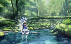 Rule 34 | 1girl, absurdres, bush, cirno, dated, day, fallen tree, flower, highres, in water, koyane (silver81106), moss, outdoors, pebble, plant, river, rock, scenery, signature, solo, sunflower, sunlight, touhou, tree, water