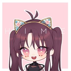 1girl atelier_live character_name chibi commentary english_commentary himey_(vtuber) long_hair looking_at_viewer lowres open_mouth pink_eyes purple_hair smile solo twintails virtual_youtuber yueko_(jiayue_wu)