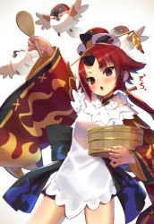 Rule 34 | 1girl, animal hat, apron, arm up, benienma (fate), bird, black skirt, brown eyes, bucket, commentary request, cowboy shot, fate/grand order, fate (series), hair ornament, hair stick, hat, highres, holding, long hair, long sleeves, looking at viewer, low ponytail, miniskirt, open mouth, red hair, red robe, robe, scottie (phantom2), shamoji, simple background, skirt, solo, standing, thighs, translation request, v-shaped eyebrows, white apron, white background, wide sleeves, wooden bucket