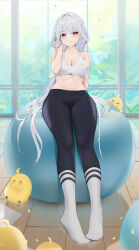 Rule 34 | 1girl, azur lane, ball, black pants, blush, breasts, cleavage, collarbone, commentary request, crop top, exercise ball, feet, full body, grey hair, groin, highres, large breasts, legs, long hair, looking at viewer, marseillaise (azur lane), marseillaise (fighting angel&#039;s regimen) (azur lane), navel, no shoes, official alternate costume, pants, partial commentary, qing wu, red eyes, sitting, smile, socks, solo, sports bra, stomach, toes, very long hair, white socks, white sports bra, wooden floor, yoga pants