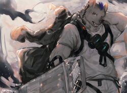 Rule 34 | 1boy, arknights, arm behind head, black jacket, chest harness, chinese commentary, eyebrow piercing, fangs, furry, furry male, harness, highres, holding, holding clothes, holding jacket, holding shield, hyena boy, hyena ears, jacket, male focus, mohawk, multicolored hair, open mouth, p7ywirzyw8lesuc, pants, piercing, shield, shirt, signature, spot (arknights), streaked hair, white pants, white shirt