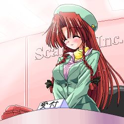 Rule 34 | 1girl, black bow, bow, braid, closed eyes, contemporary, female focus, formal, green hat, hair bow, hat, hong meiling, long hair, lowres, oekaki, pant suit, pants, phone, red hair, solo, suit, touhou, twin braids, yamu (reverse noise)