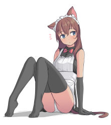 Rule 34 | 1girl, animal ears, bare shoulders, black gloves, black thighhighs, blouse, blue eyes, bow, bowtie, brown hair, cat ears, cat girl, cat tail, elbow gloves, full body, gloves, hair between eyes, highres, maid, maid headdress, original, panties, red bow, red bowtie, saiste, shirt, simple background, sitting, sleeveless, sleeveless shirt, solo, tail, thighhighs, tiptoes, underwear, white background, white panties
