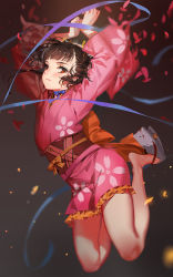 Rule 34 | 10s, 1girl, alphonse (white datura), arms up, blurry, brown eyes, brown hair, floating hair, floral print, full body, geta, highres, japanese clothes, kimono, koutetsujou no kabaneri, legs folded, long sleeves, looking at viewer, mumei (kabaneri), obi, parted lips, ribbon, sash, solo, wide sleeves