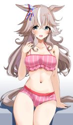 Rule 34 | 1girl, animal ears, arm support, bare arms, bare shoulders, bikini, breasts, gluteal fold, grey hair, groin, hair between eyes, hand up, highres, horse ears, komb, long hair, looking at viewer, medium breasts, multicolored hair, navel, open mouth, pink bikini, sitting, solo, stomach, streaked hair, swimsuit, tail, thighs, umamusume, very long hair, white background, white hair, wonder acute (umamusume)