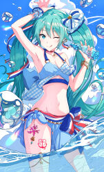 Rule 34 | 1girl, ;q, absurdres, anchor tattoo, arm up, armpits, bikini, blue bikini, blue bow, blue eyes, blue hair, blue sky, bottle, bow, breasts, cleavage, cloud, collarbone, cumulonimbus cloud, day, groin, hair between eyes, halterneck, hatsune miku, highres, holding, holding bottle, itogari, leg tattoo, long hair, looking at viewer, more more jump! (project sekai), more more jump! miku, navel, one eye closed, outdoors, project sekai, ramune, sarong, sky, small breasts, solo, swimsuit, tattoo, thigh strap, tongue, tongue out, twintails, very long hair, vocaloid