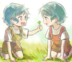 Rule 34 | 2girls, absurdres, aged down, alternate hair length, alternate hairstyle, aqua hair, bang dream!, blush, child, clover, grass, green eyes, highres, hikawa hina, hikawa sayo, holding, holding clover, kneeling, multiple girls, open mouth, outdoors, overalls, short hair, smile, teeth, upper teeth only, zihacheol