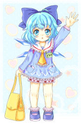 Rule 34 | 1girl, arm up, ascot, bag, bloomers, blue dress, blue eyes, blue hair, bow, child, cirno, daiso, dress, hair bow, hair bun, heart, ice, ice wings, kindergarten uniform, long sleeves, looking at viewer, mary janes, matching hair/eyes, open mouth, shoes, solo, touhou, underwear, wings, aged down