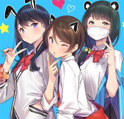 Rule 34 | 10s, 3girls, black hair, blue background, blue eyes, blush, bow, bowtie, brown hair, commentary request, face filter, gridman universe, hand in pocket, hassu, long hair, looking at viewer, mask, mouth mask, multiple girls, namiko, one eye closed, popqn, red bow, school uniform, scrunchie, short hair, simple background, ssss.gridman, surgical mask, takarada rikka, upper body, v, wrist scrunchie