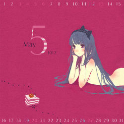 Rule 34 | 10s, 1girl, 2012, ant, ass, bad id, bad pixiv id, black hair, blue hair, blunt bangs, blush, body blush, bow, bug, cake, calendar, flat chest, food, fruit, hair bow, hair ribbon, hairband, head rest, insect, long hair, looking at viewer, looking back, lowres, lying, may, nude, on stomach, original, polka dot, profile, purple eyes, red background, ribbon, simple background, solo, strawberry, suzushiro sayu, upper body, very long hair