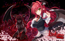 Rule 34 | 1girl, black wings, blush, breasts, breasts apart, brown thighhighs, buttons, character name, closed mouth, collared shirt, commentary request, demon girl, demon tail, demon wings, garter belt, gluteal fold, groin, hair between eyes, hair censor, hair intakes, hair over breasts, hand on own chest, head wings, heart, highres, juliet sleeves, kneeling, koakuma, large breasts, long hair, long sleeves, looking at viewer, necktie, no shoes, nude, pointy ears, puffy sleeves, red hair, red neckwear, shadow, shirt, sidelocks, smile, tail, thighhighs, touhou, white shirt, wings, yamu (reverse noise), yellow eyes