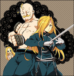 Rule 34 | 1boy, 2girls, ahoge, alex louis armstrong, blonde hair, blue eyes, brother and sister, catherine elle armstrong, closed eyes, eyelashes, facial hair, fullmetal alchemist, gloves, hair over one eye, military, military uniform, multiple girls, mustache, olivier mira armstrong, open mouth, siblings, sisters, sparkle, sword, uniform, urakata hajime, weapon