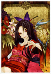 Rule 34 | 1girl, absurdres, black hair, flower, highres, japanese clothes, long hair, red eyes, redjuice, solo