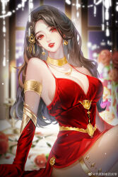 Rule 34 | 1girl, absurdres, brown hair, cai lin (doupo cangqiong), detached collar, doupo cangqiong, dress, earrings, flower, gloves, hair ornament, highres, jewelry, ka dian daochang de yandi, long hair, looking at viewer, necklace, red dress, red eyes, red flower, red gloves, red rose, rose, sitting, solo, table, teeth, thighlet, upper body, window