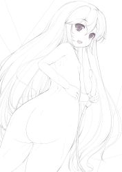 Rule 34 | 1girl, absurdres, alternate hairstyle, ass, bad id, bad pixiv id, flat chest, from behind, hair down, hatsune miku, highres, long hair, looking back, monochrome, neko0634, nipples, open mouth, shower head, showering, solo, very long hair, vocaloid, wet