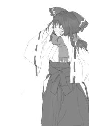 Rule 34 | 1girl, absurdres, blush, bow, closed eyes, closed mouth, commentary request, cowboy shot, enpera, greyscale, hair bow, hair tubes, hakama, hakama skirt, hakurei reimu, hands up, highres, hip vent, japanese clothes, kimono, long hair, long sleeves, miko, monochrome, reisende1969, ribbon trim, scarf, simple background, skirt, solo, touhou, white background, white kimono, wide sleeves