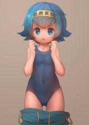 Rule 34 | 10s, 1girl, bad id, bad pixiv id, bare arms, bare shoulders, blue eyes, blue hair, blunt bangs, child, clothes pull, collarbone, covered navel, creatures (company), deruu, female focus, flat chest, game freak, gluteal fold, hairband, lana (pokemon), looking at viewer, nintendo, one-piece swimsuit, open mouth, pants, pants pull, pokemon, pokemon (anime), pokemon sm, pokemon sm (anime), short hair, simple background, solo, standing, swimsuit, swimsuit under clothes
