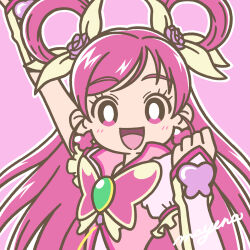Rule 34 | 1girl, absurdres, arm up, blush, brooch, butterfly brooch, butterfly earrings, clenched hand, cure dream, earrings, eyelashes, flower, hair flower, hair ornament, hair rings, highres, jewelry, long hair, looking at viewer, magical girl, mayena, open mouth, outline, pink background, pink eyes, pink hair, precure, ribbon, signature, simple background, smile, solo, upper body, white outline, yes! precure 5, yumehara nozomi
