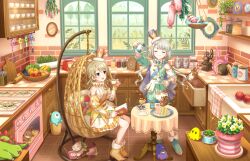 Rule 34 | 2girls, apple, bag, book, boots, brown hair, cabinet, cat, center frills, chair, closed eyes, corn, crown, cup, flower, food, frills, fruit, game cg, grey hair, high heel boots, high heels, hisakawa nagi, idolmaster, idolmaster cinderella girls, idolmaster cinderella girls starlight stage, kitchen, mini crown, morikubo nono, multiple girls, official art, oven, plate, red eyes, sink, spatula, squirrel, stove, table, teacup, teapot, tentacles, window