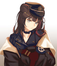 Rule 34 | 1girl, animal ears, aqua eyes, arknights, bear ears, black choker, black hat, black shirt, brown hair, buttons, choker, closed mouth, collarbone, frown, gradient background, grey background, hat, head tilt, highres, kawausoman, long hair, looking at viewer, multicolored hair, off shoulder, official alternate costume, peaked cap, shirt, solo, streaked hair, upper body, white background, wing collar, zima (arknights), zima (ready to go) (arknights)