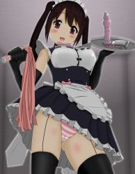 Rule 34 | 1girl, anal beads, apron, black dress, bow, bowtie, brown eyes, brown hair, chastity cage, dress, elbow gloves, femdom, gloves, highres, long hair, looking at viewer, maid apron, maid headdress, original, panties, pantyshot, pink panties, runmun, sex toy, smile, solo, striped clothes, striped panties, twintails, underwear, whip
