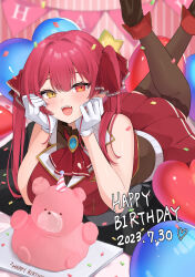 Rule 34 | 1girl, ascot, bare shoulders, black choker, black thighhighs, blush, boots, breasts, brown footwear, choker, cleavage, cropped jacket, frilled choker, frilled shirt collar, frills, gloves, hair ribbon, happy birthday, heterochromia, highres, hololive, houshou marine, houshou marine (1st costume), jacket, lace, lace-trimmed legwear, lace trim, large breasts, leather, leather boots, leotard, leotard under clothes, long hair, looking at viewer, lying, miniskirt, on stomach, open mouth, pleated skirt, red ascot, red eyes, red hair, red jacket, red ribbon, red skirt, ribbon, see-through, see-through cleavage, see-through leotard, sharp teeth, skirt, sleeveless, sleeveless jacket, smile, solo, teeth, thighhighs, twintails, upper teeth only, ute (perouthi), virtual youtuber, white gloves, yellow eyes
