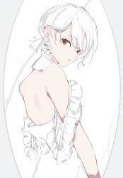 Rule 34 | 1girl, backless outfit, bare shoulders, earrings, highres, jewelry, original, short hair, solo, white hair, yonemuro