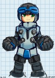 Rule 34 | 1boy, autumn-north, beck (mighty no. 9), clenched hands, cropped legs, green eyes, helmet, male focus, mighty no. 9, robot, smile, solo