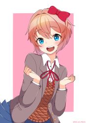 1girl blue_eyes blue_skirt blush bow brown_vest commentary_request doki_doki_literature_club grey_jacket hair_bow hair_intakes highres jacket mikoto000813 neck_ribbon open_clothes open_jacket pink_hair ribbon sayori_(doki_doki_literature_club) school_uniform shirt short_hair skirt smile sweater_vest teeth twitter_username upper_teeth_only vest white_shirt