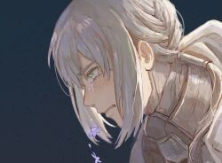 Rule 34 | 1boy, 31tamagokake580, armor, bedivere (fate), blush, braid, clenched teeth, close-up, crying, crying with eyes open, fate/grand order, fate (series), flower, french braid, from side, green background, green eyes, hair between eyes, hair tubes, highres, long hair, looking down, low ponytail, male focus, portrait, profile, purple flower, solo, tears, teeth, white hair