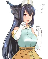 Rule 34 | 1girl, :d, animal ears, black hair, bow, cosplay, elbow gloves, gloves, hair between eyes, headgear, kantai collection, kemono friends, long hair, md5 mismatch, mushi gyouza, nagato (kancolle), open mouth, print gloves, print skirt, red eyes, serval (kemono friends), serval (kemono friends) (cosplay), serval print, shirt, simple background, skirt, sleeveless, sleeveless shirt, smile, solo, white background