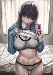 Rule 34 | 1girl, black hair, blue sweater, blush, breasts, cellphone, closed mouth, clothes lift, commentary request, cowboy shot, freckles, grey sports bra, hair over eyes, highres, holding, holding phone, indoors, large breasts, long sleeves, medium hair, mole, mole on breast, navel, original, phone, ran&#039;ou (tamago no kimi), smartphone, solo, sports bra, stomach, sweater, sweater lift